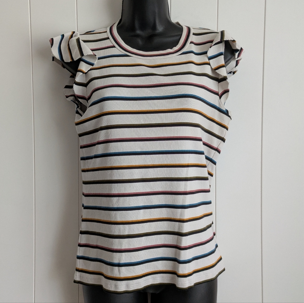 Veronica Beard Jeans Priscilla Striped Ruffle-Sleeve Top, Medium